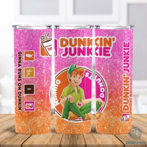 Disney Peter Pan Dunkin Junkie Png Tumbler Wrap | Dunkin Junkie 20Oz Skinny Tumbler Design | Peter Pan 20Oz Straight & Tapered Tumbler Sublimation