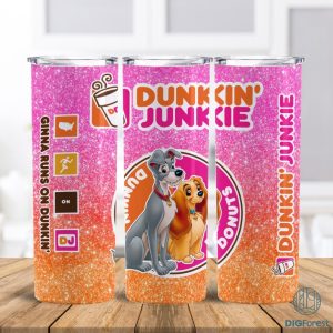 Disney ‎Dunkin Junkie Lady and the Tramp Tumbler Wrap Png | Dunkin Junkie 20Oz Skinny Tumbler Design | Dog Lover Coffee Tumbler Sublimation Digital