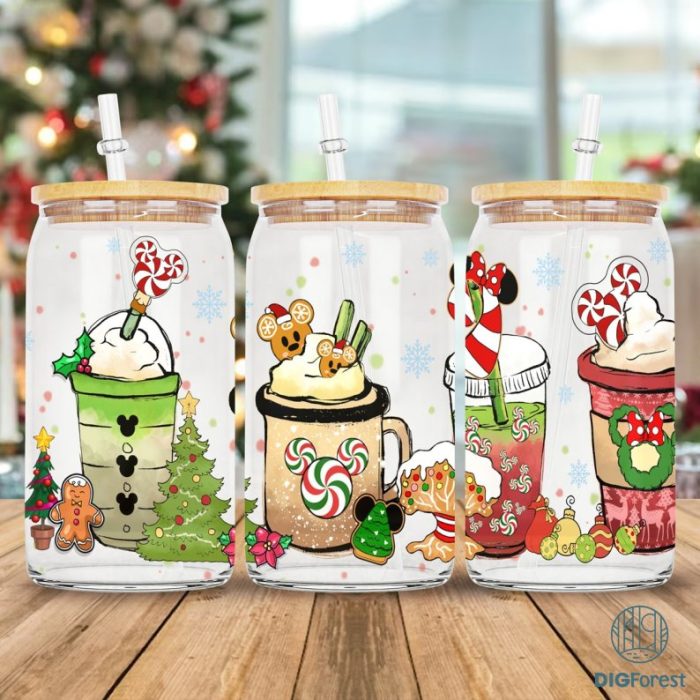 Disney Mickey Minnie and Friends Christmas Glass Can | Winter Glass Can | Christmas 16oz Glass Can | Libbey Glass Can | Cold Drink Glass Can