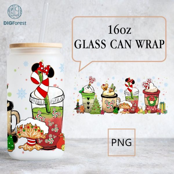 Disney Mickey Minnie and Friends Christmas Glass Can | Winter Glass Can | Christmas 16oz Glass Can | Libbey Glass Can | Cold Drink Glass Can