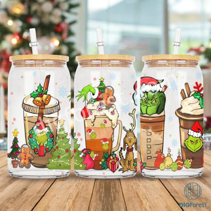 Grinch 16oz Glass Cup Wrap | The Grinch Coffee Glass, Glass Iced Coffee Cup Lid and Straw, The Grinch Tumbler, Christmas Glass Can