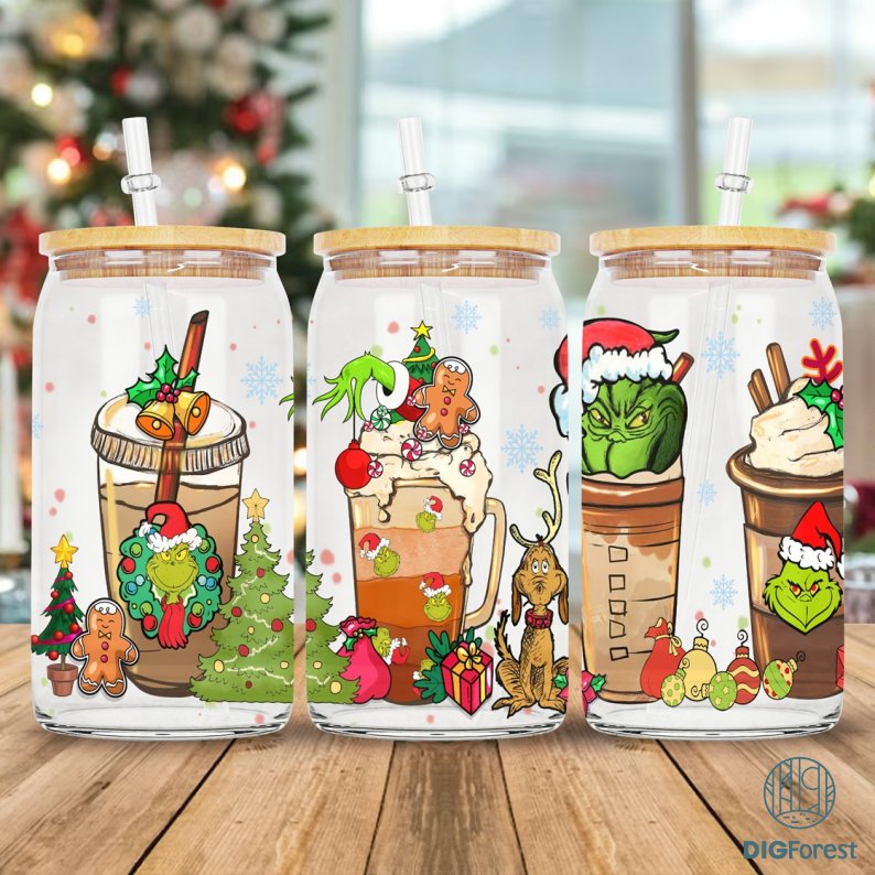 Grinch 16oz Glass Cup Wrap | The Grinch Coffee Glass, Glass Iced Coffee Cup Lid and Straw, The Grinch Tumbler, Christmas Glass Can