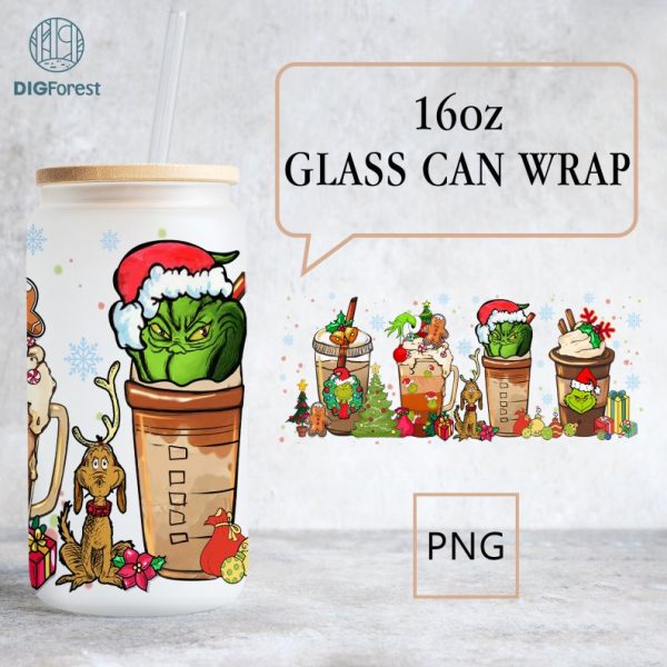 Grinch 16oz Glass Cup Wrap | The Grinch Coffee Glass, Glass Iced Coffee Cup Lid and Straw, The Grinch Tumbler, Christmas Glass Can