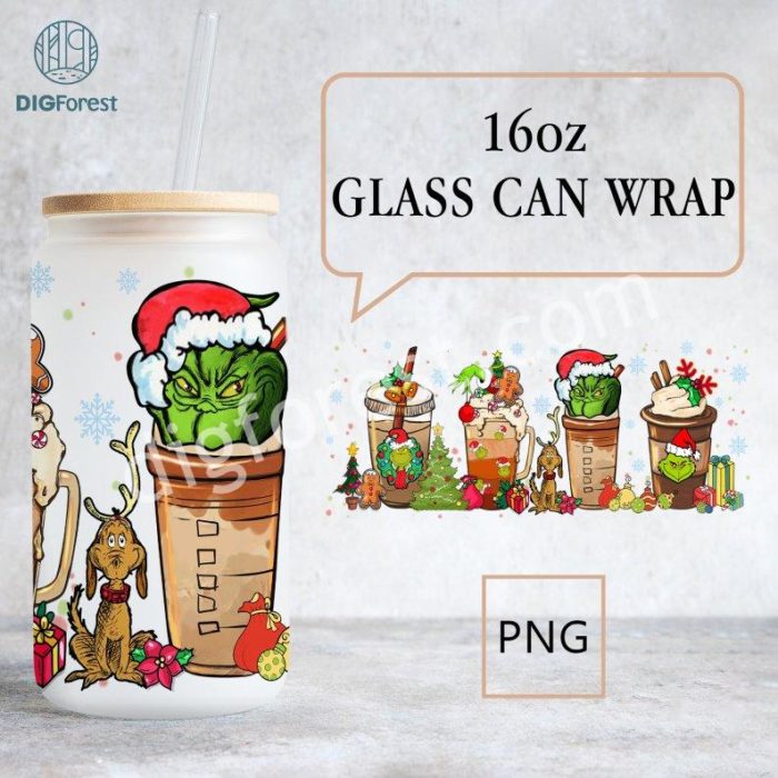 Grinch 16oz Glass Cup Wrap | The Grinch Coffee Glass, Glass Iced Coffee Cup Lid and Straw, The Grinch Tumbler, Christmas Glass Can - Image 2