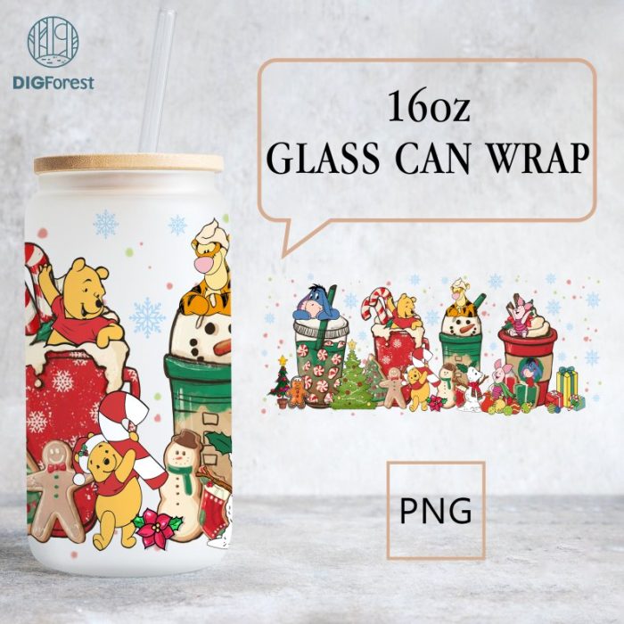 Disney Winnie The Pooh Coffee Christmas Glass Wrap png, 16oz Libbey Glass Can Wrap, Trick Or Treat, Spooky Vibes, pooh friends Christmas
