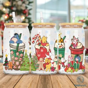 Disney Winnie The Pooh Coffee Christmas Glass Wrap png, 16oz Libbey Glass Can Wrap, Trick Or Treat, Spooky Vibes, pooh friends Christmas