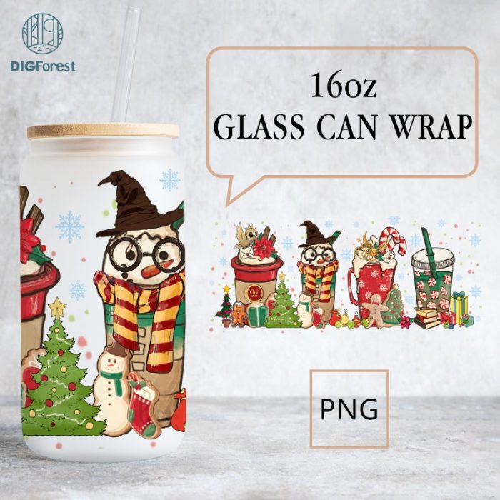 Wizard School Potterhead Coffee Glass Wrap png, 16oz Libbey Glass Can Wrap, Trick Or Treat, Spooky Vibes, Halloween Fall Autumn Coffee Wrap