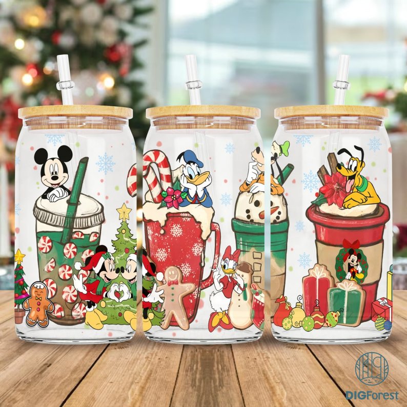Disney Mickey Minnie and Friends Christmas Glass Can, Christmas 16oz Glass Can, Winter Glass Can, Libbey Glass Can, Cold Drink Glass Can