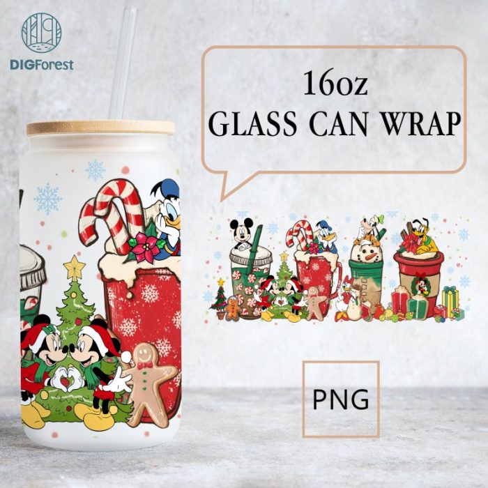 Disney Mickey Minnie and Friends Christmas Glass Can, Christmas 16oz Glass Can, Winter Glass Can, Libbey Glass Can, Cold Drink Glass Can