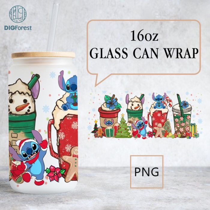 Disney Stitch Coffee Cup Christmas 16 oz Libbey Glass Can Stitch, 16oz Glass Can Wrap, 16oz Libbey Can Glass, Stitch Tumbler Wrap