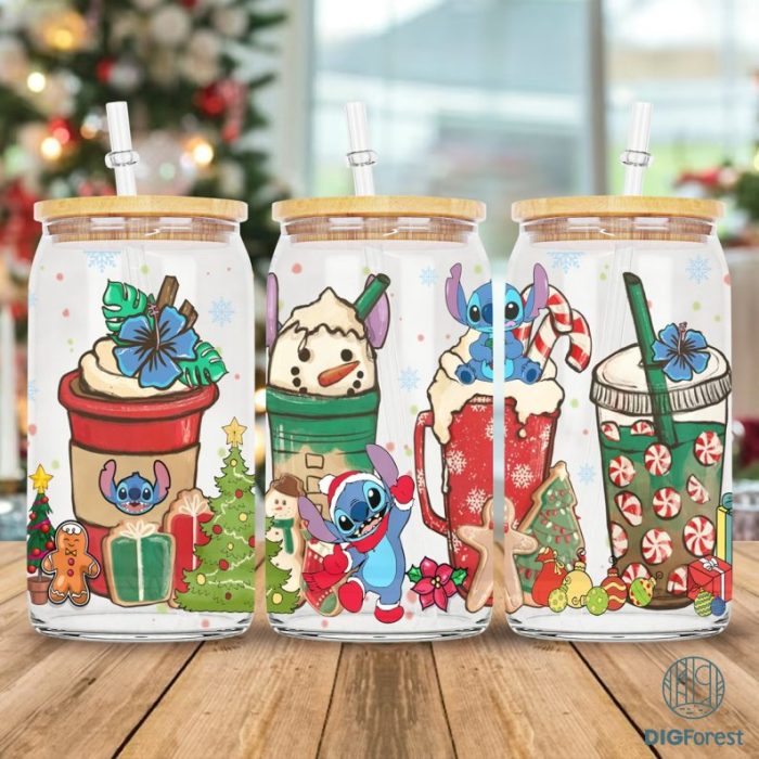 Disney Stitch Coffee Cup Christmas 16 oz Libbey Glass Can Stitch, 16oz Glass Can Wrap, 16oz Libbey Can Glass, Stitch Tumbler Wrap