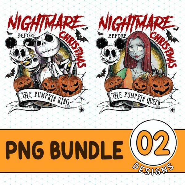 The Nightmare Before Christmas Halloween PNG, Jack Skellington and Sally, Pumpkin King and Queen, Halloween Party Couple Sublimation Designs