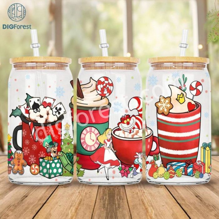 Christmas Disney Alice In Wonder Land Coffee Glass Can 16oz Png | Winter Coffee Cup | Coffee Christmas Iced Coffee Cup | 16oz Libbey Glass Can