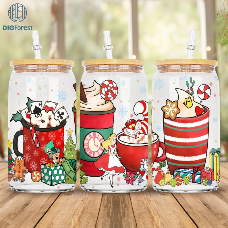 Christmas Disney Alice In Wonder Land Coffee Glass Can 16oz Png | Winter Coffee Cup | Coffee Christmas Iced Coffee Cup | 16oz Libbey Glass Can Digforest.com