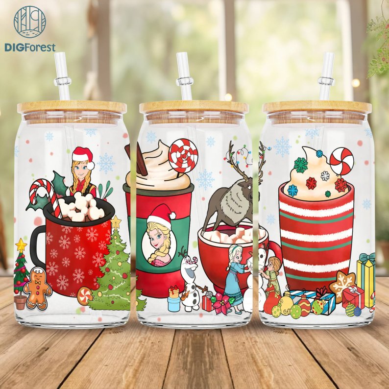 Disney Christmas Frozen Coffee Glass Can 16oz | Winter Coffee Cup | Custom Coffee Cup | Christmas Iced Coffee Cup | 16oz Libbey Glass Can