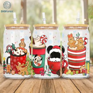 Disney Mickey And Friends Christmas Coffee Design Glass Can 16oz | Winter Coffee Cup | Custom Coffee Cup | Christmas Iced Coffee Cup 16Oz Libbey Glass Can