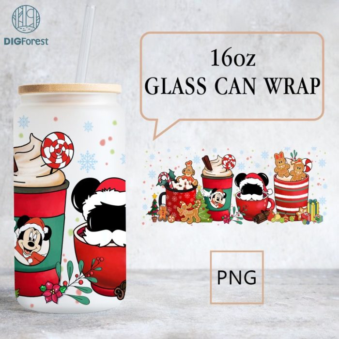 Disney Mickey And Friends Christmas Coffee Design Glass Can 16oz | Winter Coffee Cup | Custom Coffee Cup | Christmas Iced Coffee Cup 16Oz Libbey Glass Can