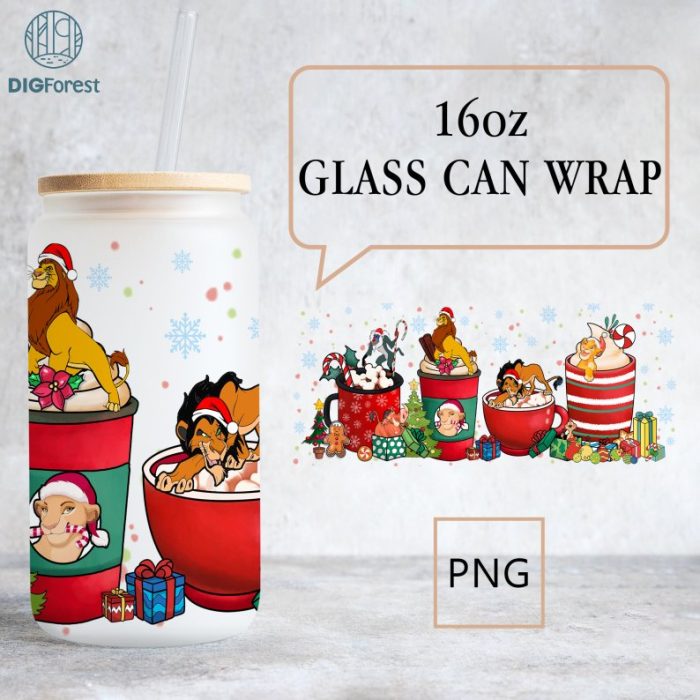 Disney Lion King Christmas Coffee glass can 16oz, Simba And Friends Christmas 16oz Glass Can Wrap PNG, Animal Kingdom, Hakuna Matata Png
