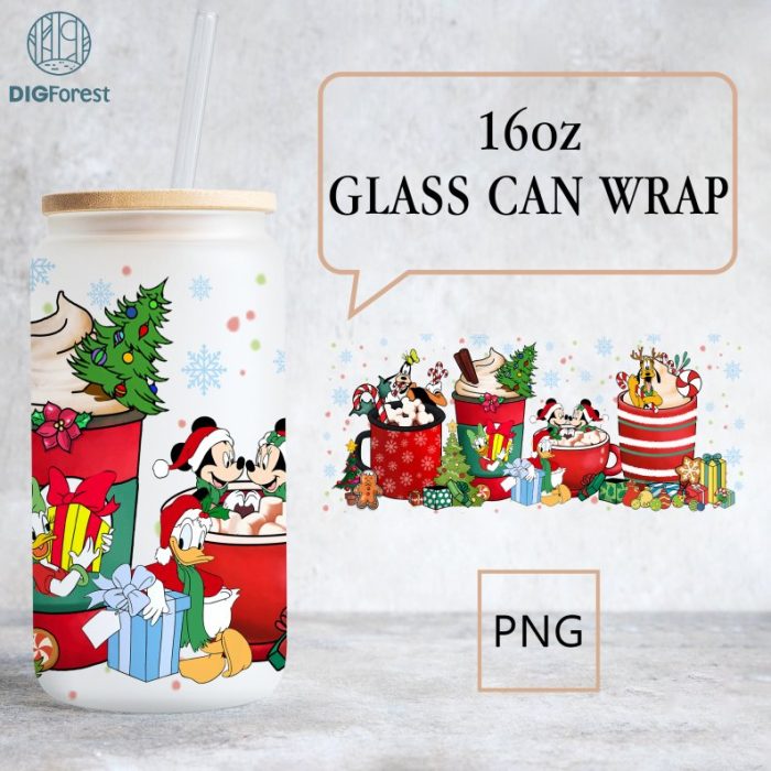 Disney Mickey And Friends Christmas Coffee Glass Can 16oz | Custom Coffee Cup | Christmas Iced Coffee Cup 16oz Libbey Glass Can | Winter Coffee Cup