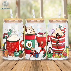 Disney Christmas The Incredibles Coffee 16oz Glass Can | 16 Oz Libbey Glass Can Wrap Template | Christmas Coffee Cartoon Glass Can PNG