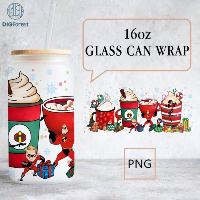 Disney Christmas The Incredibles Coffee 16oz Glass Can | 16 Oz Libbey Glass Can Wrap Template | Christmas Coffee Cartoon Glass Can PNG