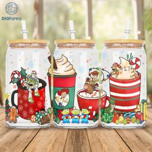 Disney Toy Story Coffee Christmas 16oz Glass Can | 16 Oz Libbey Glass Can Wrap Template | Christmas Coffee Cartoon Glass Can PNG