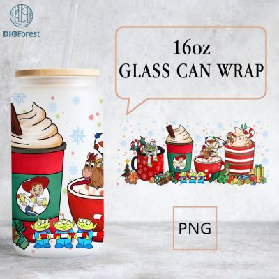 Disney Toy Story Coffee Christmas 16oz Glass Can | 16 Oz Libbey Glass Can Wrap Template | Christmas Coffee Cartoon Glass Can PNG Disney Toy Story Coffee Christmas 16oz Glass Can | 16 Oz Libbey Glass Can Wrap Template | Christmas Coffee Cartoon Glass Can PNG