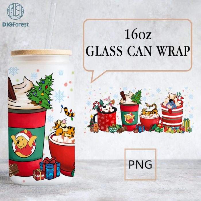 Disney Pooh And Friends Christmas Coffee Drink Glass Can 16oz | Winter Coffee Cup | Iced Coffee Christmas Can | Christmas Coffee Glass Can Png