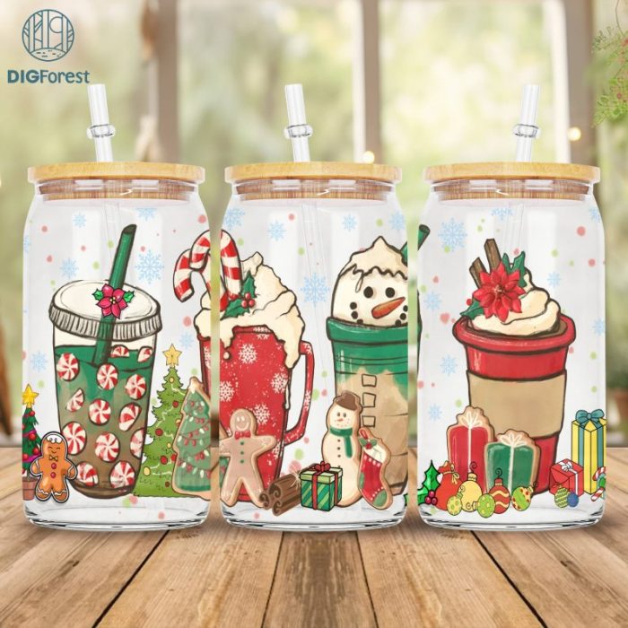 Christmas Coffee Cup Christmas 16 oz Libbey Glass Can Wrap, 16oz Glass Can Sublimation Png, 16oz Libbey Can Glass, peppermint iced latte Png