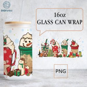 Christmas Coffee Cup Christmas 16 oz Libbey Glass Can Wrap, 16oz Glass Can Sublimation Png, 16oz Libbey Can Glass, peppermint iced latte Png