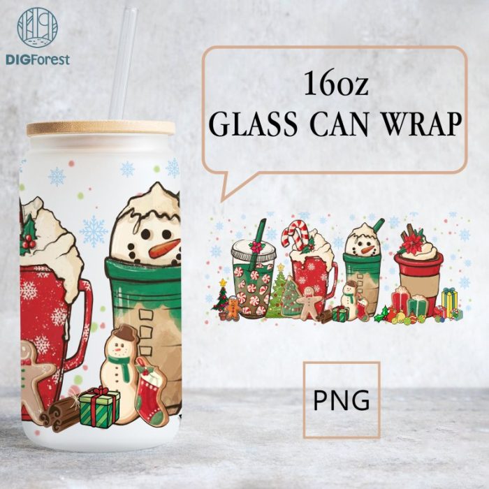 Christmas Coffee Cup Christmas 16 oz Libbey Glass Can Wrap, 16oz Glass Can Sublimation Png, 16oz Libbey Can Glass, peppermint iced latte Png