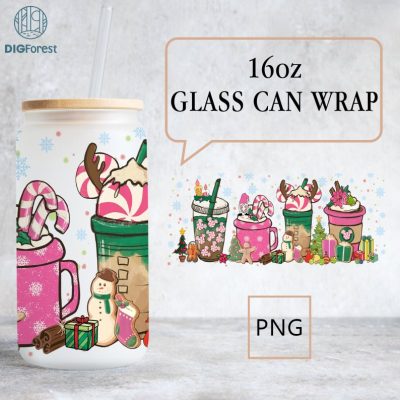 Christmas Coffee Latte Cup Mouse Ear Christmas 16 oz Libbey Glass Can Wrap, 16oz Coffee Cup Png, Disney Mickey Very Merry Christmas Coffee Png