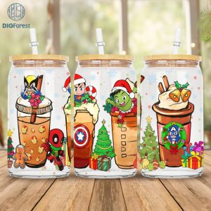 Avengers Christmas Coffee Cup Avengers 16 oz Libbey Glass Can Wrap, Avengers 16oz Glass Can Design, Christmas Xmas Coffee Sublimation Png