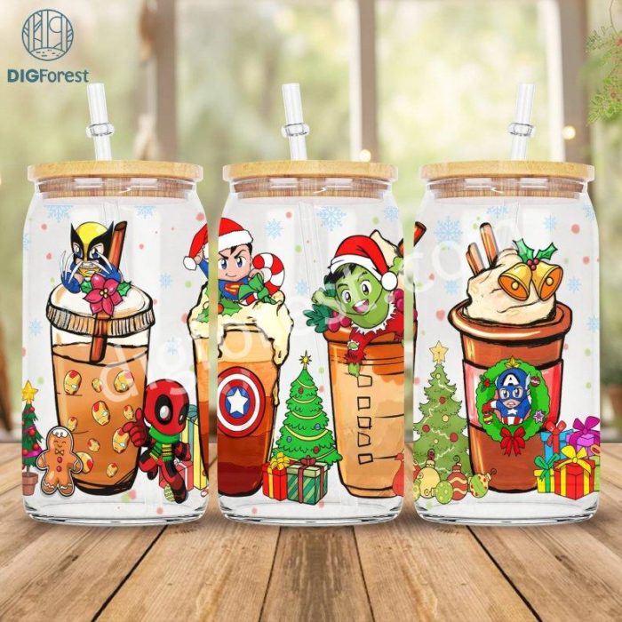 Avengers Christmas Coffee Cup Avengers 16 oz Libbey Glass Can Wrap, Avengers 16oz Glass Can Design, Christmas Xmas Coffee Sublimation Png