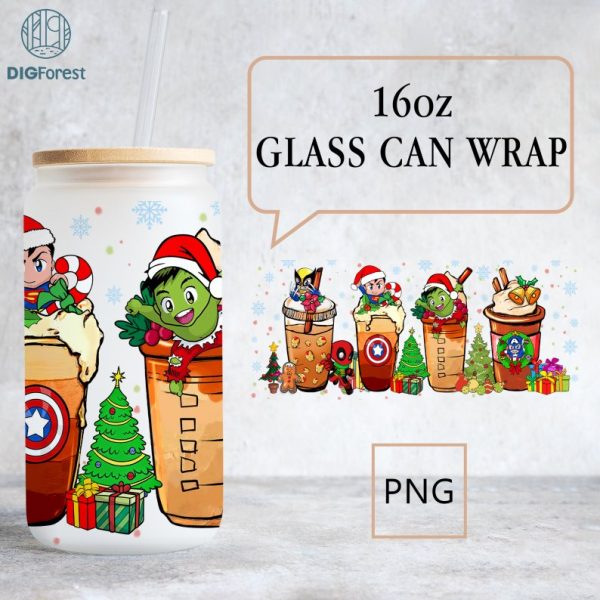 Avengers Christmas Coffee Cup Avengers 16 oz Libbey Glass Can Wrap, Avengers 16oz Glass Can Design, Christmas Xmas Coffee Sublimation Png