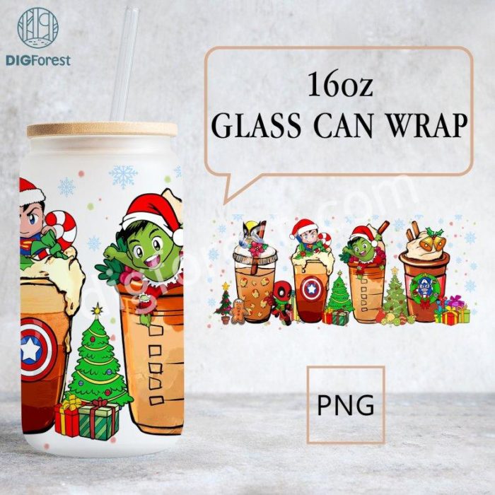 Avengers Christmas Coffee Cup Avengers 16 oz Libbey Glass Can Wrap, Avengers 16oz Glass Can Design, Christmas Xmas Coffee Sublimation Png