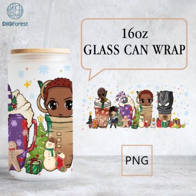 Avengers Christmas Coffee Cup Avengers 16 oz Libbey Glass Can Wrap, Avengers 16 oz Glass Can Sublimation, Christmas Xmas Coffee Latte Png