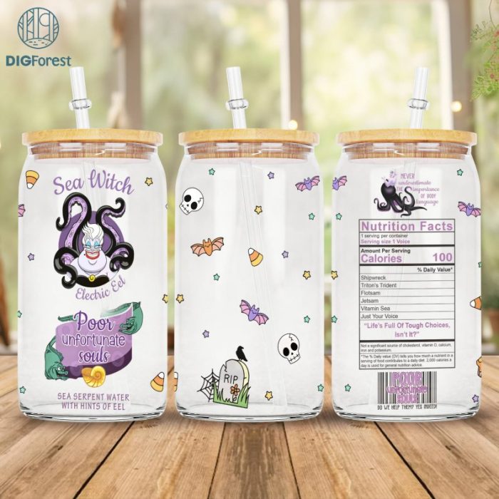 Disney Ursula Villains 16oz Glass Can Wrap, Ursula 16 oz Libbey Glass Can Wrap, Little Mermaid Coffee Cup Png, Villains Sublimation Png Download