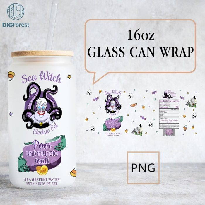 Disney Ursula Villains 16oz Glass Can Wrap, Ursula 16 oz Libbey Glass Can Wrap, Little Mermaid Coffee Cup Png, Villains Sublimation Png Download