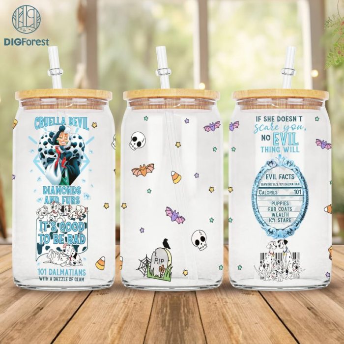 Disney Villains Cruella 16oz Glass Can Wrap, Villains 16 oz Libbey Glass Can Wrap, 101 Dalmatians Sublimation Png, Villains Coffee Cup Png Download