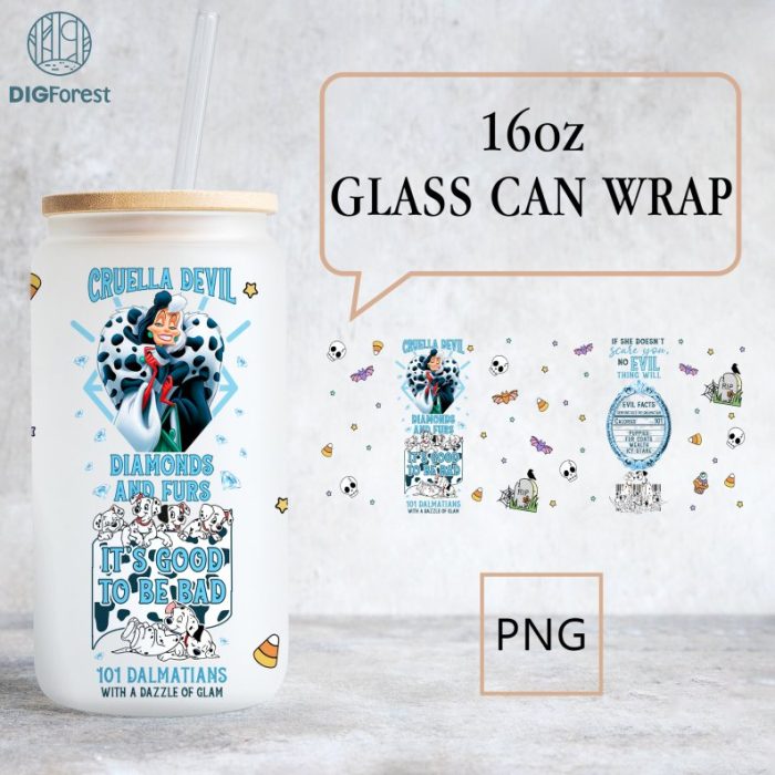 Disney Villains Cruella 16oz Glass Can Wrap, Villains 16 oz Libbey Glass Can Wrap, 101 Dalmatians Sublimation Png, Villains Coffee Cup Png Download