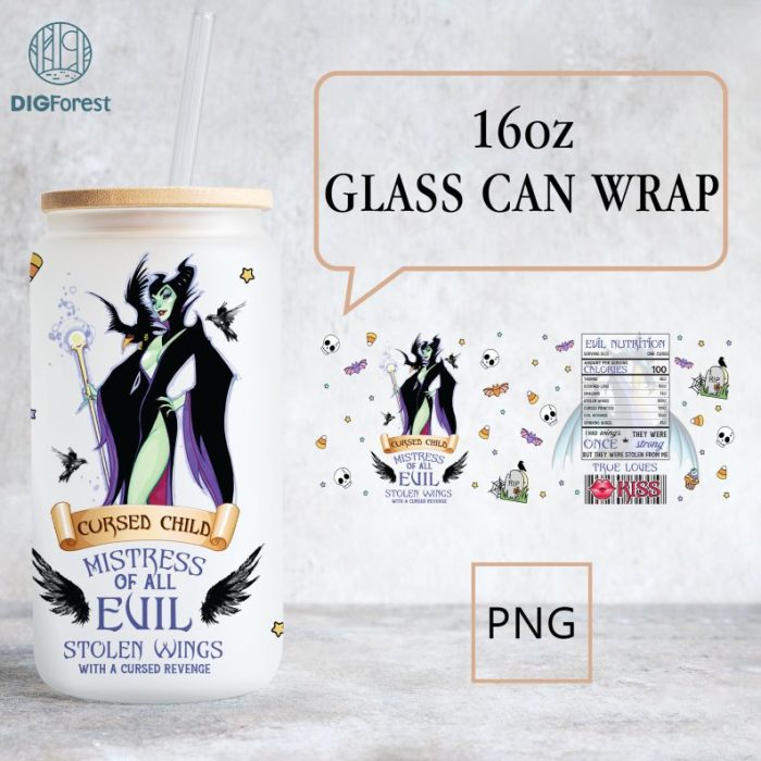 Disney Villains Maleficent 16oz Glass Can Wrap, Villains 16 oz Libbey Glass Can Wrap, Maleficent Sublimation Png, Maleficent Coffee Cup Design Png