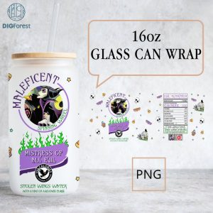 Disney Villains Maleficent 16oz Glass Can Wrap Png, Villains 16 oz Libbey Glass Can Sublimation Png, Mistress Of Evil, Maleficent Coffee Cup Design