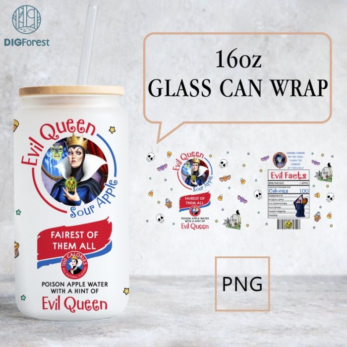 Disney Villains Evil Queen 16oz Glass Can Wrap Png, Villains 16 oz Libbey Glass Can Sublimation Png, Evil Queen Coffee Cup Design Instant Download