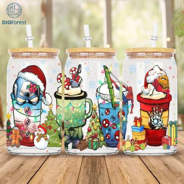 Avengers Christmas 16 oz Libbey Glass Can Wrap Png, Avengers 16oz Glass Can Sublimation Png, Christmas Coffee Latte Png, Beer Glass Can Png
