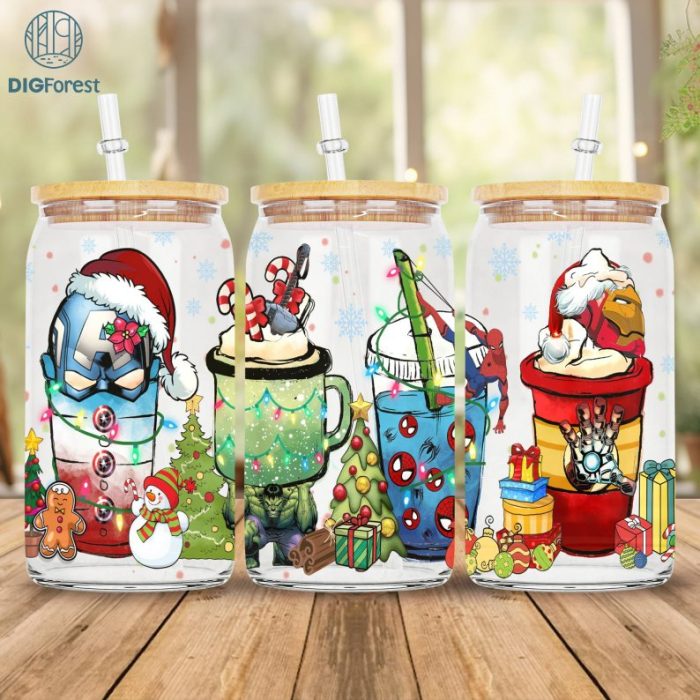 Avengers Christmas 16 oz Libbey Glass Can Wrap Png, Avengers 16oz Glass Can Sublimation Png, Christmas Coffee Latte Png, Beer Glass Can Png