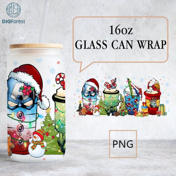 Avengers Christmas 16 oz Libbey Glass Can Wrap Png, Avengers 16oz Glass Can Sublimation Png, Christmas Coffee Latte Png, Beer Glass Can Png