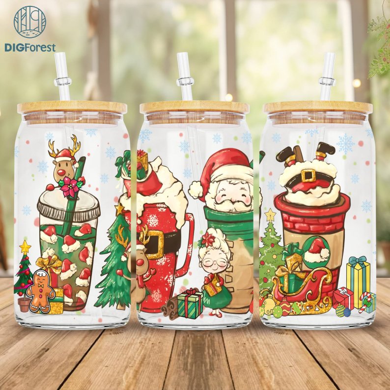 Christmas 16 oz Libbey Glass Can Wrap Design, Santa Clause Christmas 16 oz Glass Can Sublimation Png, Christmas Coffee Latte Cup, Xmas Gift