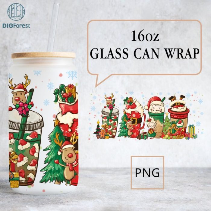 Christmas 16 oz Libbey Glass Can Wrap Design, Santa Clause Christmas 16 oz Glass Can Sublimation Png, Christmas Coffee Latte Cup, Xmas Gift