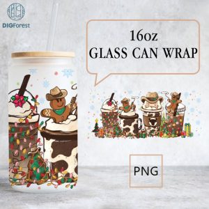 Cowboy Western Christmas 16 oz Libbey Glass Can Wrap Design, Santa Clause 16 oz Glass Can Sublimation Png, Howdy Christmas Coffee Png File